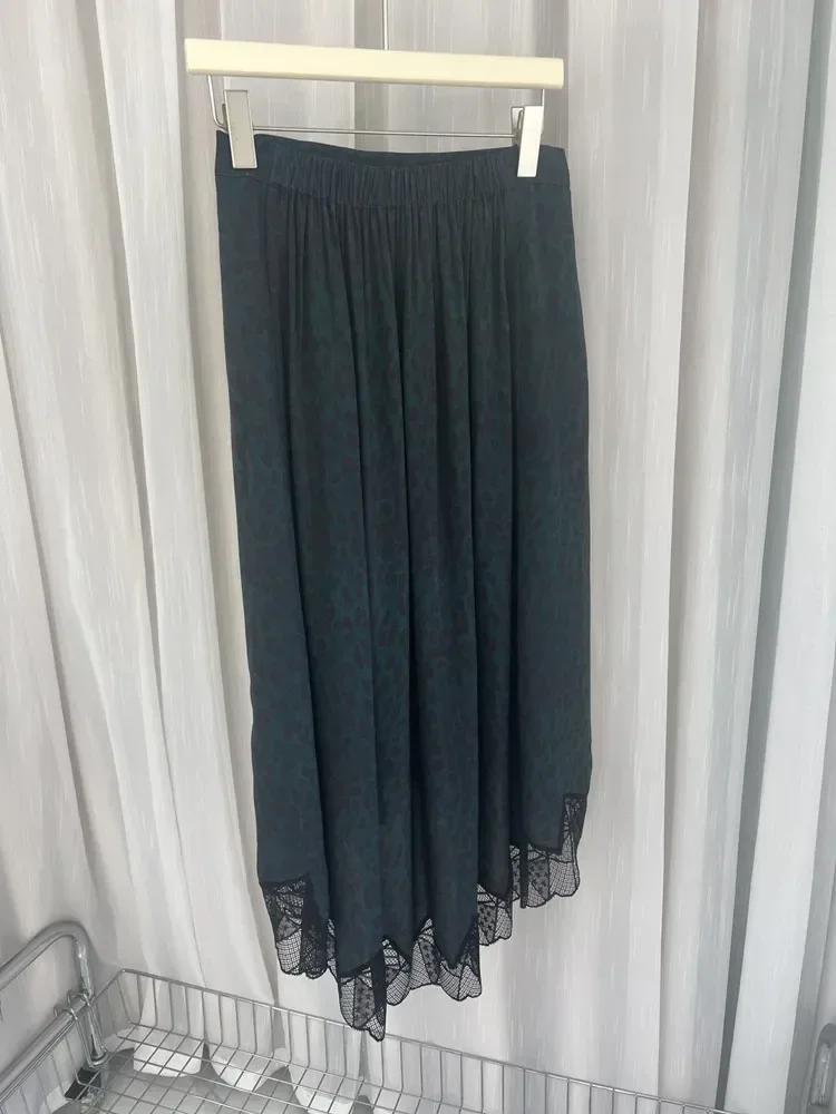 Femmes dentelle épissure mi-mollet Jupe léopard imprimé Viscose classique avant court et arrière longue conception taille élastique dame Jupe
