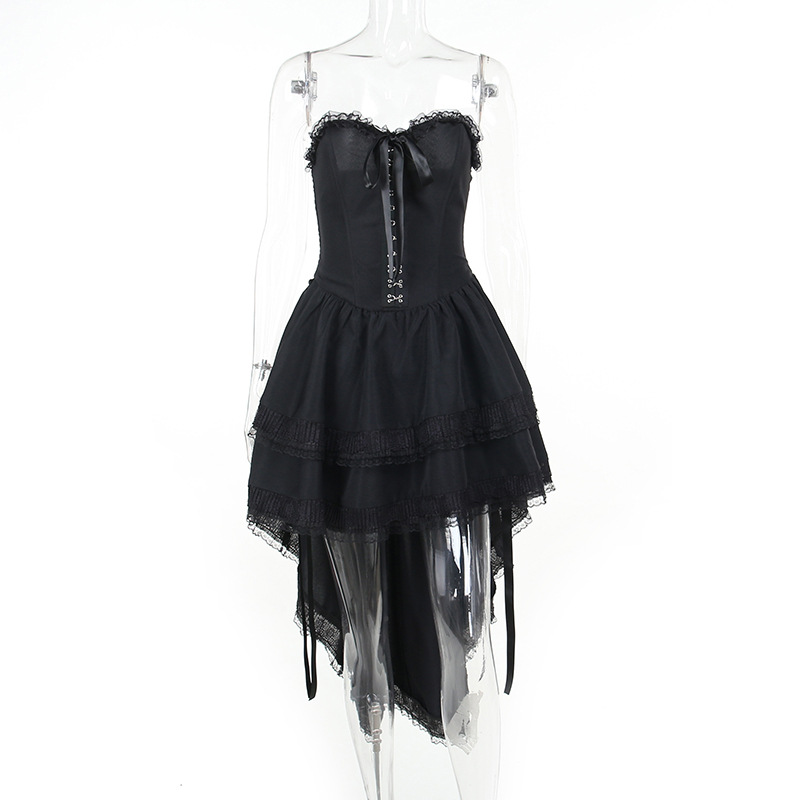 Robe Gothique en Dentelle Noire pour Femme, Tenue Asymétrique, Vintage, Taille artificiel astique, Plissée, Tambours