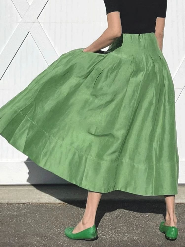 Faldas Mujer Moda rétro tempérament vert taille haute mince grand parapluie jupes poche femmes plissé longue décontracté