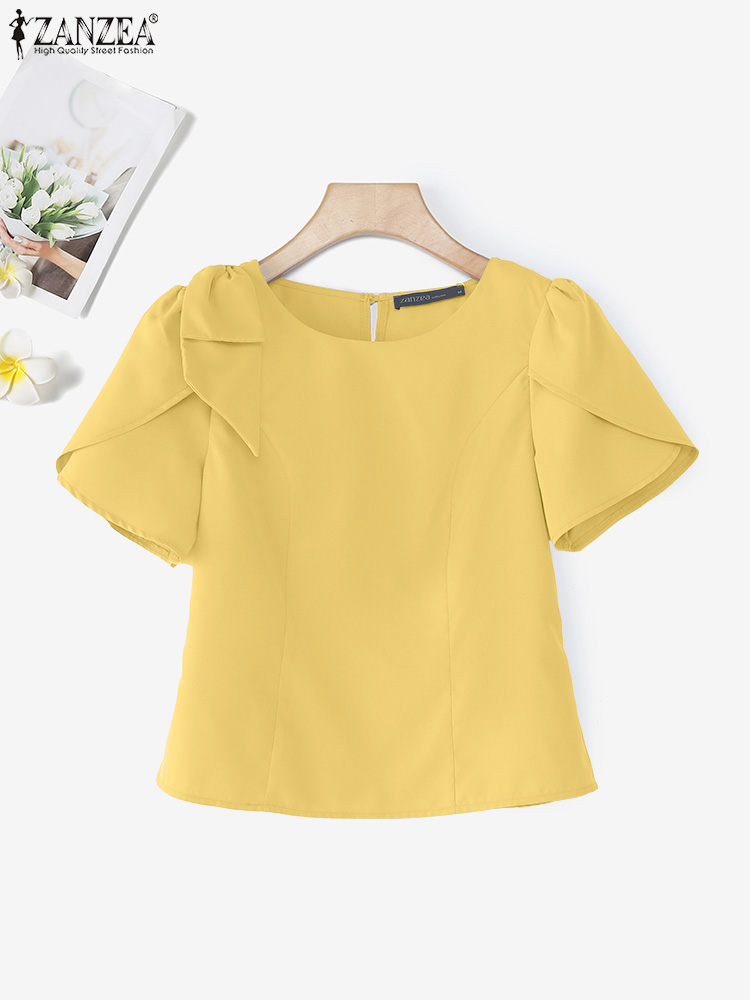 Femmes Blouse ZANZEA élégant bureau dame été manches courtes bouffantes nœud mode chemises 2025 décontracté couleur unie hauts tunique Blusas