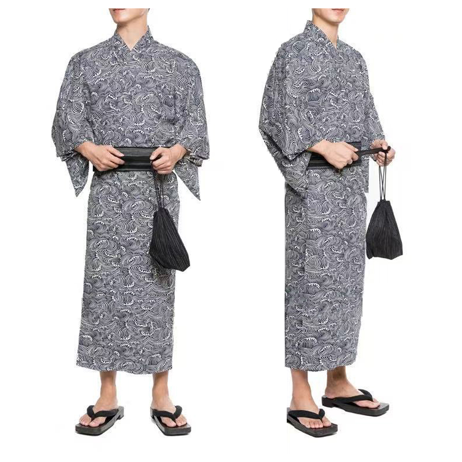 Été marine japonais traditionnel samouraï Kimono pour hommes Yukata Robe de bain Hekoobi Style ample Homewear ceinture longue Robe coton