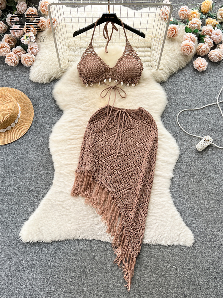 SINGREINY-Jupe longue en tricot à glands pour femme, caraco dos nu, jupe irrégulière, élégant, décontracté, sexy, ensemble deux pièces, été, plage