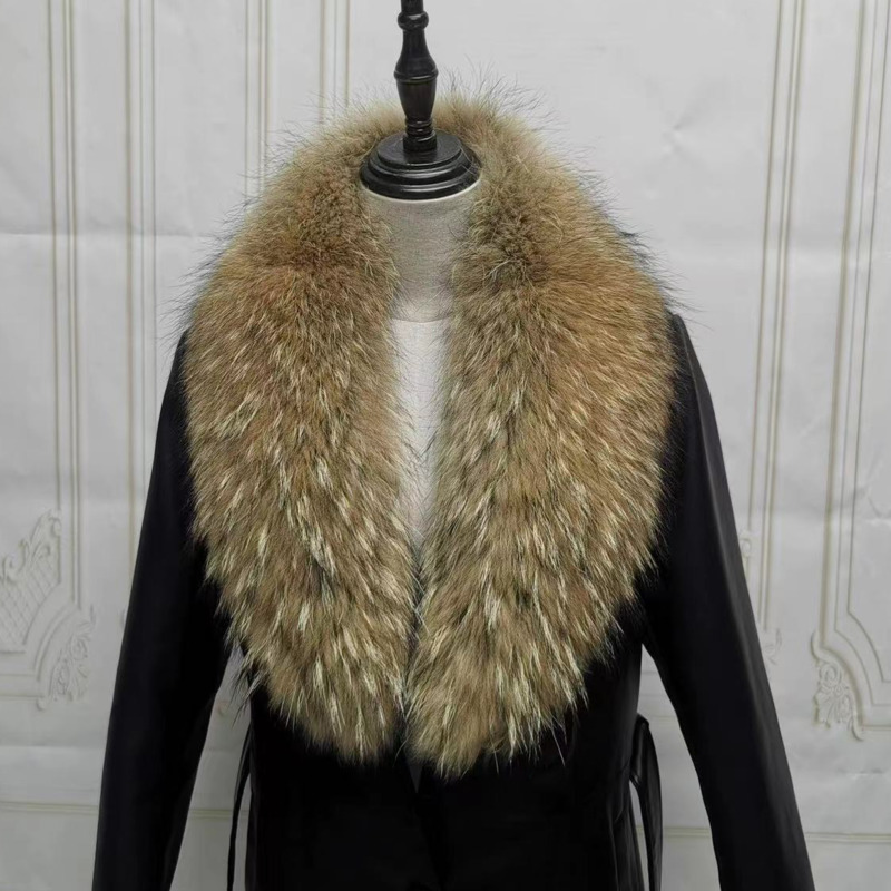 Col en Fourrure group pour Femme, Chauffe-cou d'Hiver, Capuche, Châle en Fourrure de Raton Laveur, Écharpe en Fourrure Moelleuse pour Manteau, Bande à Capuche