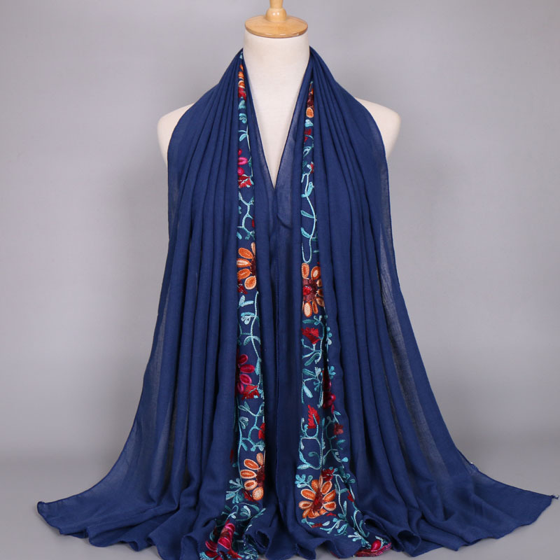 Foulard en Viscose brodé pour femme, châle en coton, point uni, fleur bleu marine, Hijab musulman, mode automne 2026