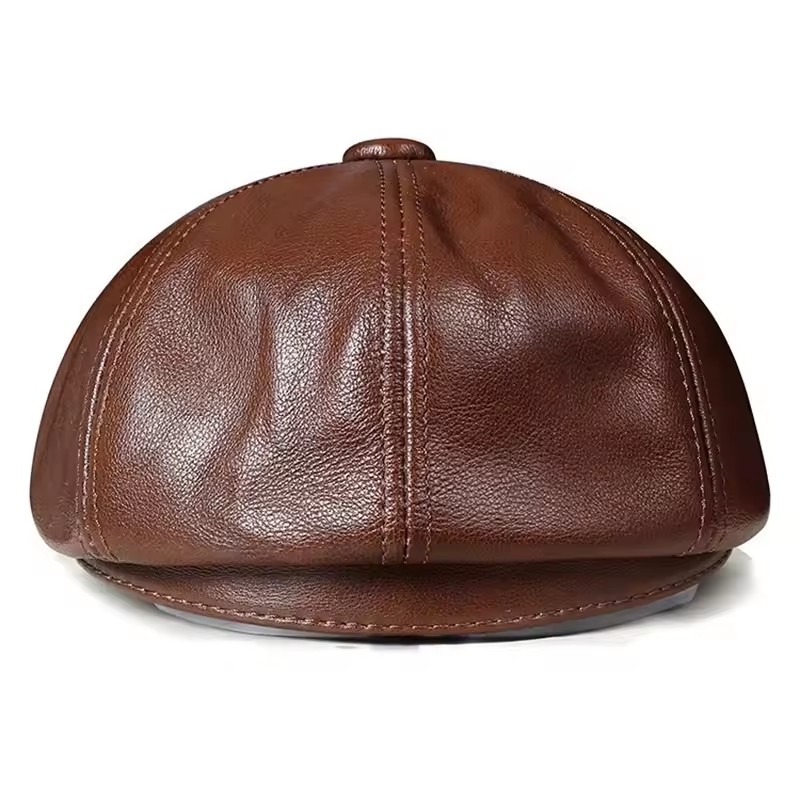 Béret Vintage en cuir véritable unisexe, Casquette octogonale chaude d'hiver pour hommes et femmes, Bonnet pour Homme, noir