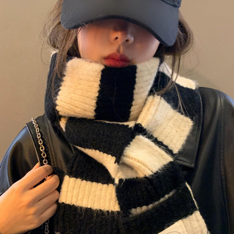 Coréen noir blanc rayé écharpe pour les femmes mode couleur bloc laine foulards coupe-vent chaud foulard cou protecteur Snood