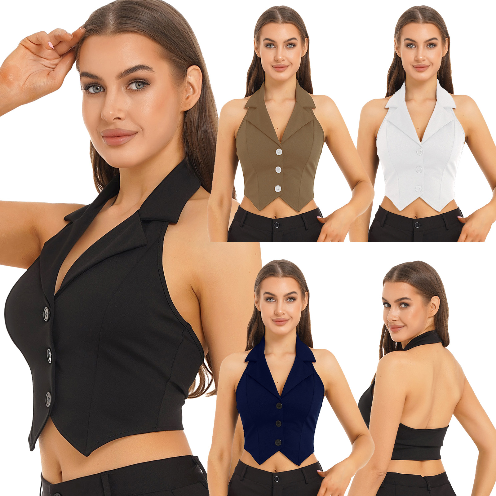 Femmes mode gilet chemises gilet séparé culture hauts revers licou dos nu boutonné ourlet pointu gilet pour fête vêtements de cérémonie