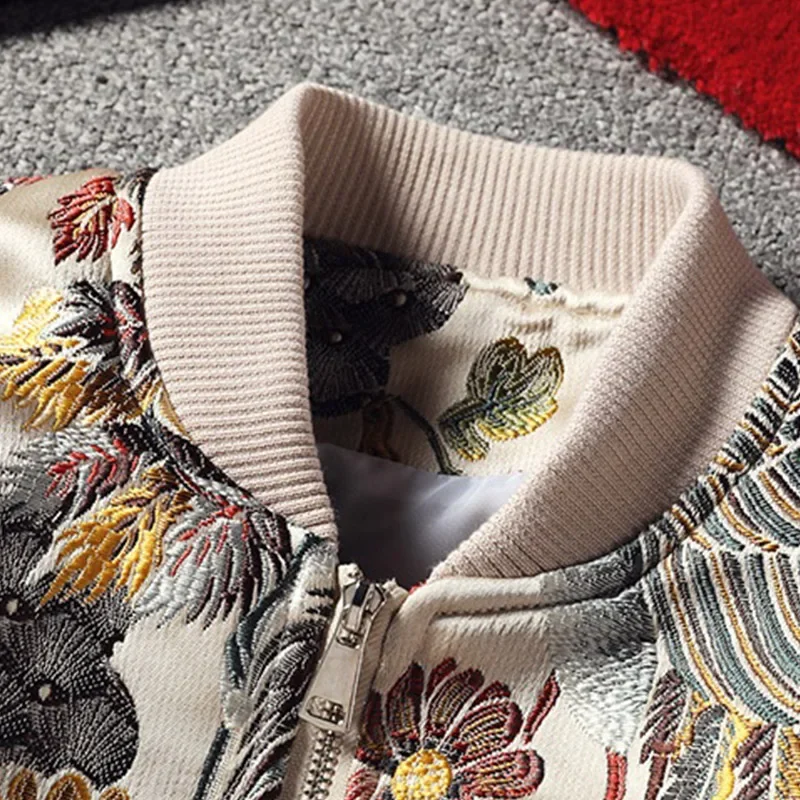 Blouson aviateur brodé floral et grue de style japonais pour hommes, col montant, streetwear universitaire, vestes de baseball, manteau d'automne