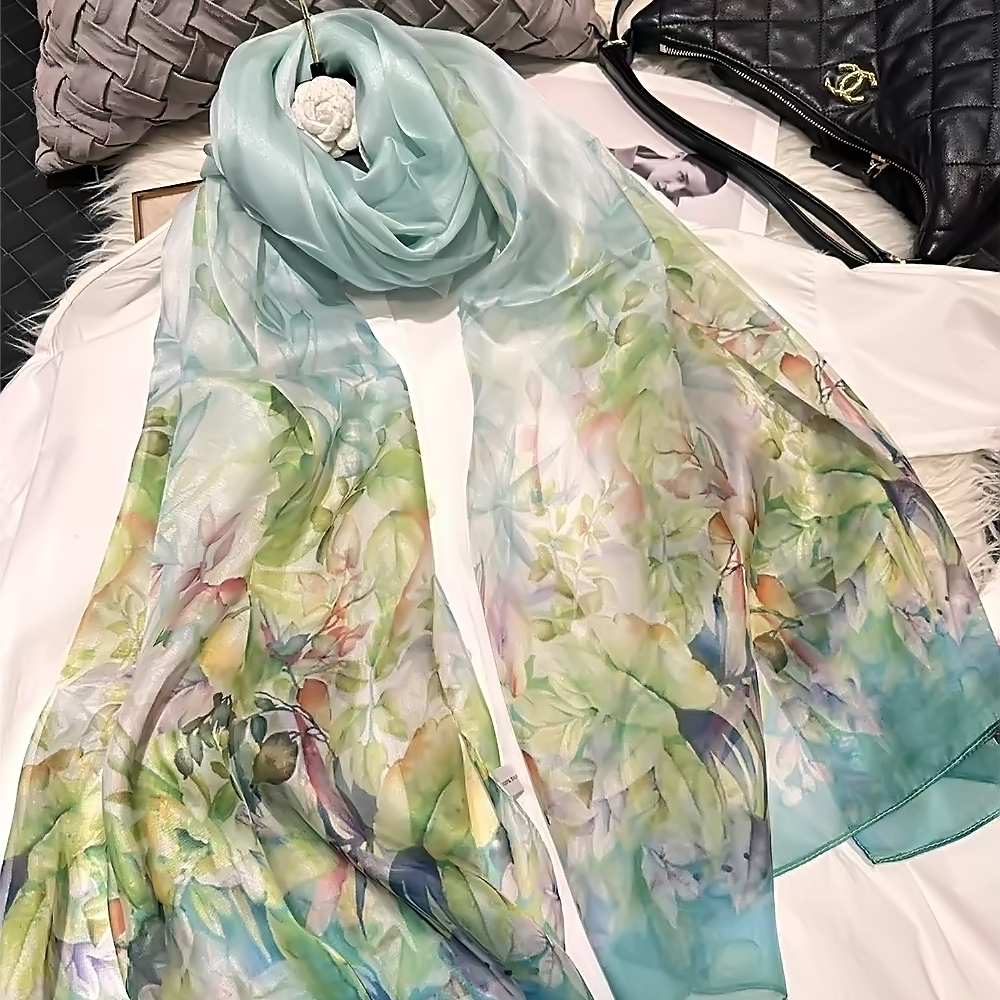 Écharpe longue en mousseline de soie pour femme, foulards à la mode, nouveau design floral, enveloppes d'été, écharpe de plage, rond 100% x 180 cm, bleu, vert, 110