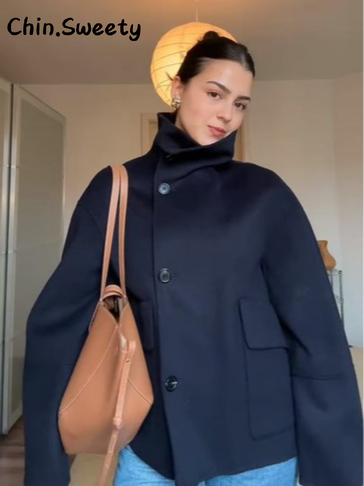 Manteau chic pour femme, style streetwear, à manches chauve-souris, avec ceinture, coupe ample, couleur unie, col montant, simple boutonnage, automne 2026, polyvalent