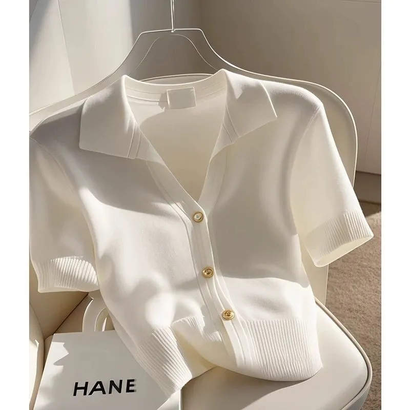 Cardigan à manches courtes pour femme, T-shirt tricoté, décontracté, assorti avec tout, ample, nouvelle collection été 2025