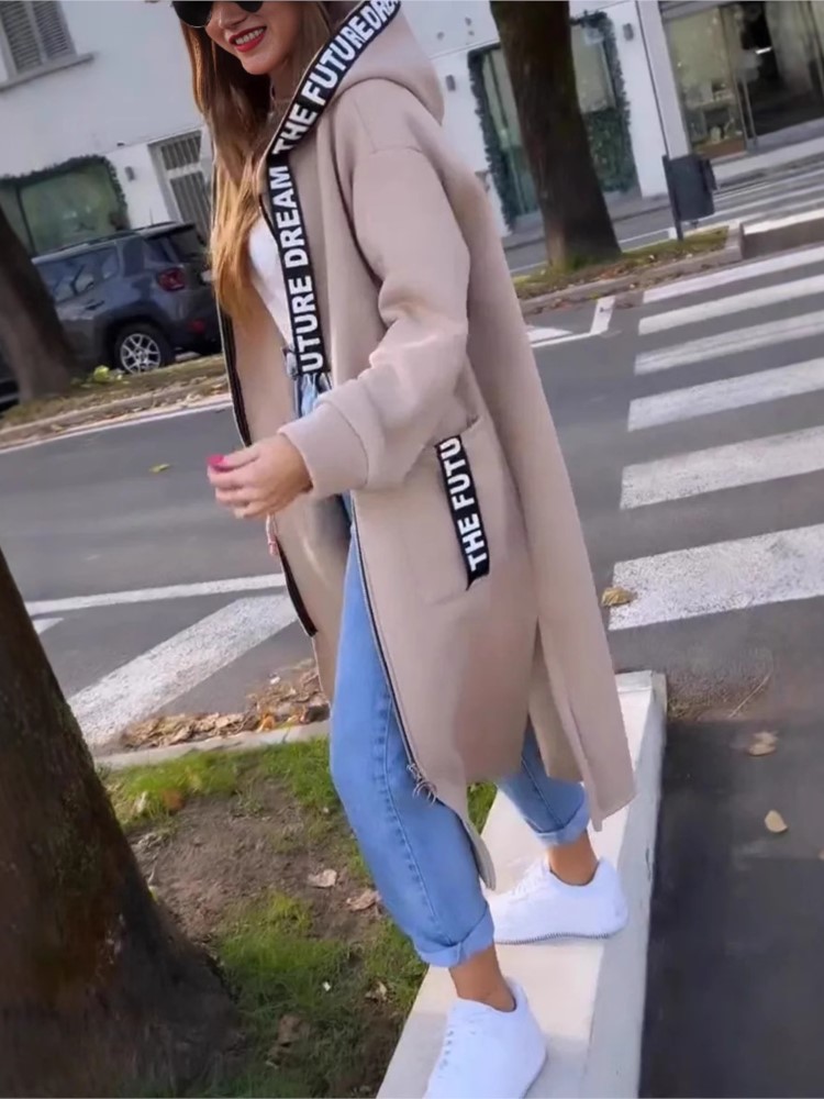 Sweat-shirt décontracté pour femme, manteau à capuche, ample, Long, épissure, manteaux décontractés à fermeture éclair, poche, vêtements d'extérieur, veste solide, automne hiver