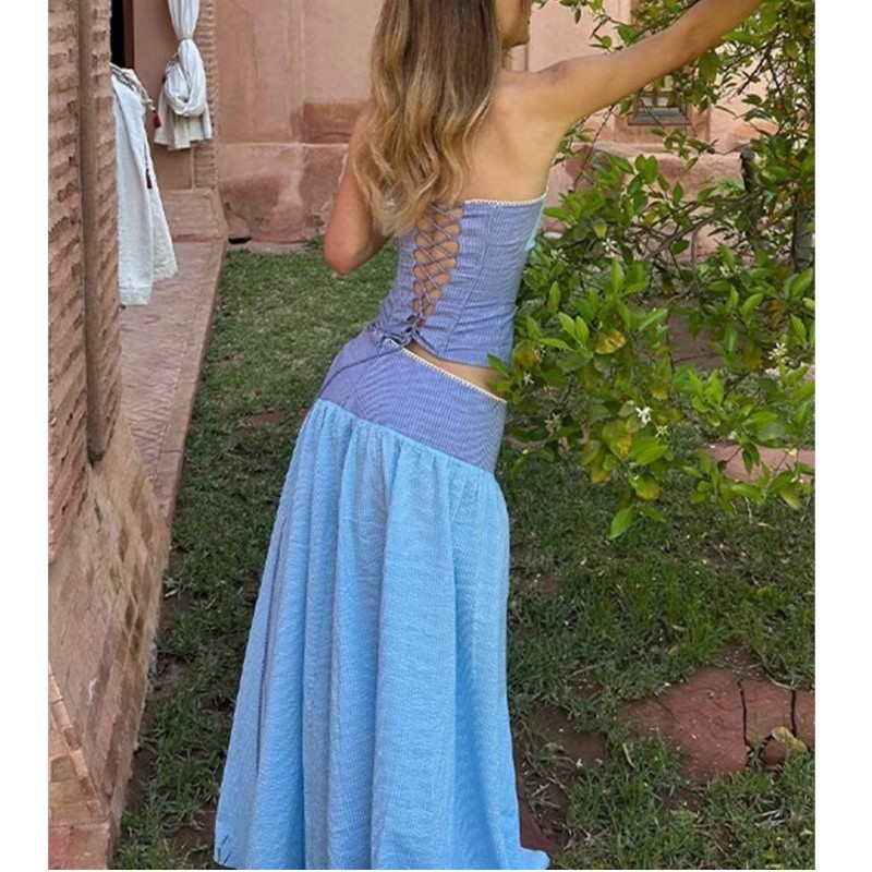 Ensemble jupe femme été rayé colorblock sexy dos nu hauts à lacets taille mi-haute jupe trapèze fermeture éclair latérale mode décontracté 2 pièces