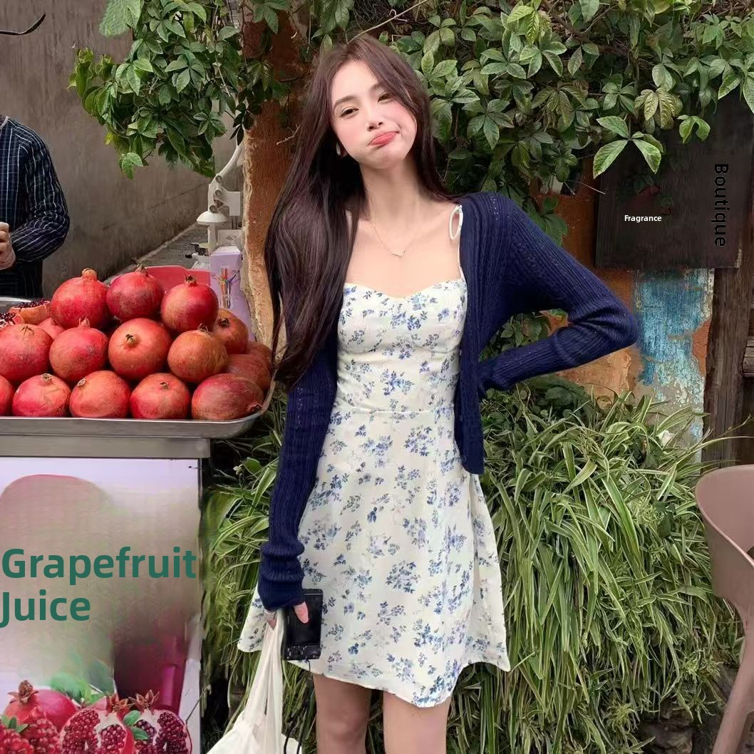 Robe à imprimé floral bleu, ensemble deux pièces pour femme, style français, cardigan doux, jupe élégante à taille haute, style A, pour le début de l'automne