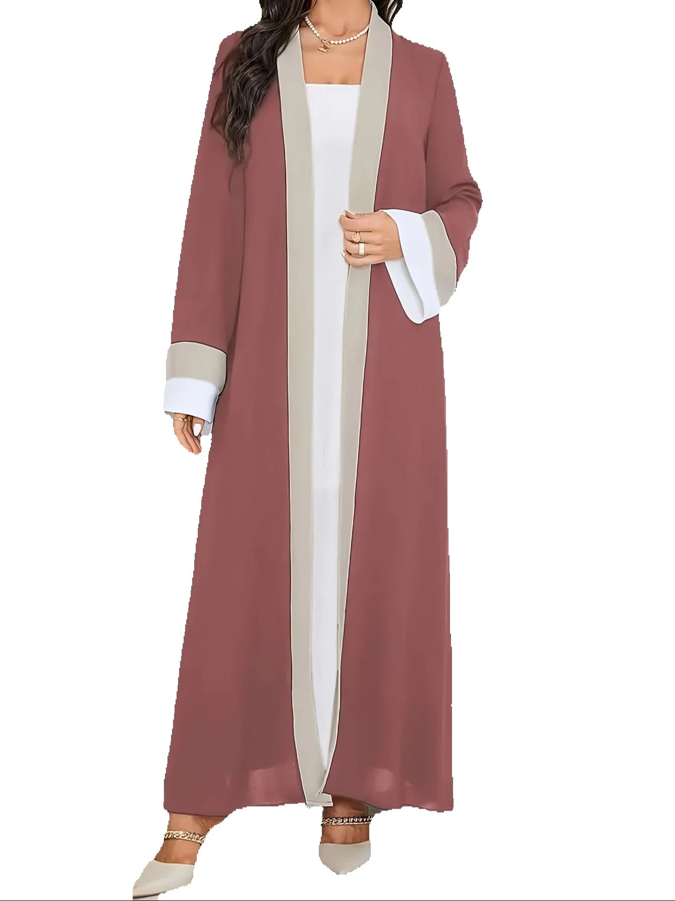 Robe longue décontractée pour femme Ramadan 2026, élégante robe extra longue ajustée à manches longues et à contraste de couleurs, Vêtements pour femme 1
