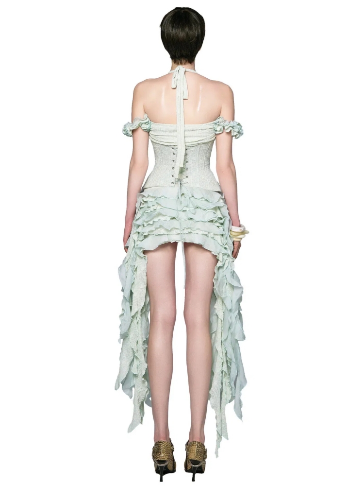 Robe drapée à volants pour femmes, ensemble trois pièces, Sexy, col licou, pliable, haut Corset à lacets, short, costumes de fête, Cocktail