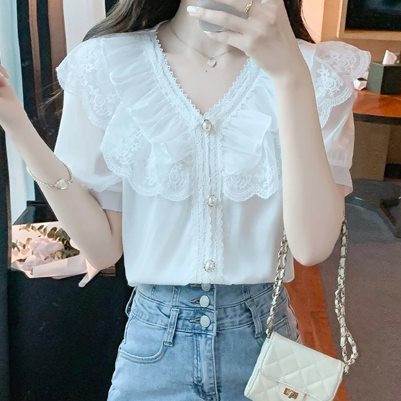 Blouses en Chiffon et Dentelle pour Femme Été 2026 – Élégantes, Tendance, Blouses Blanches Décontractées, Coupe Slim, Manches Bouffantes Vintage, Hauts Féminins