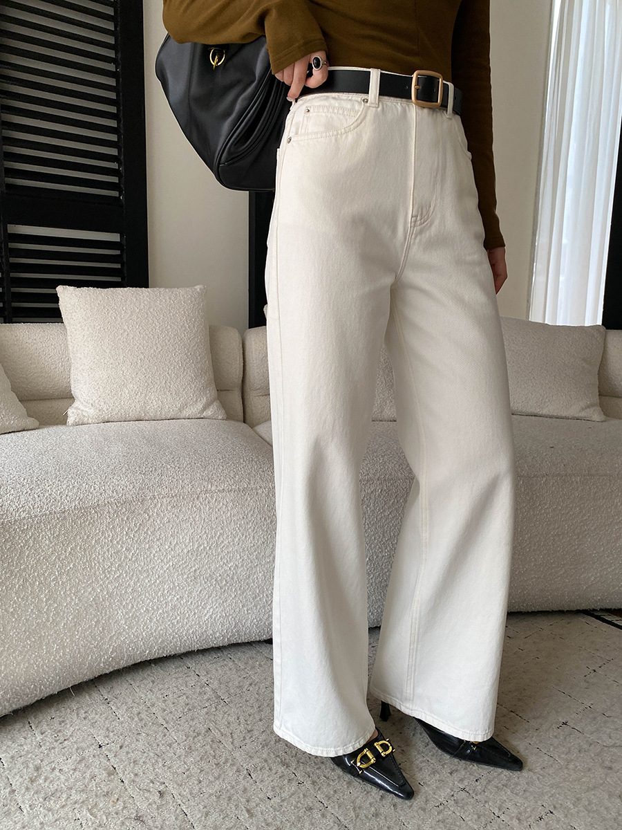 Jean taille haute à jambe large et droite pour femme, élégant et simple, idéal pour le quotidien, effet amincissant