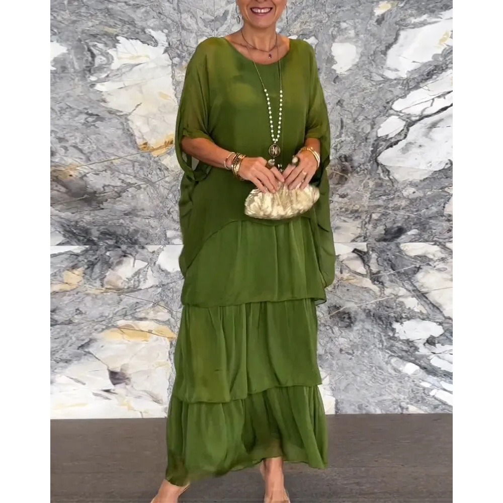 Robe longue élégante en mousseline à imprimé floral pour femme, style bohème, col rond, manches chauve-souris mi-longues, jupe superposée, collection printemps