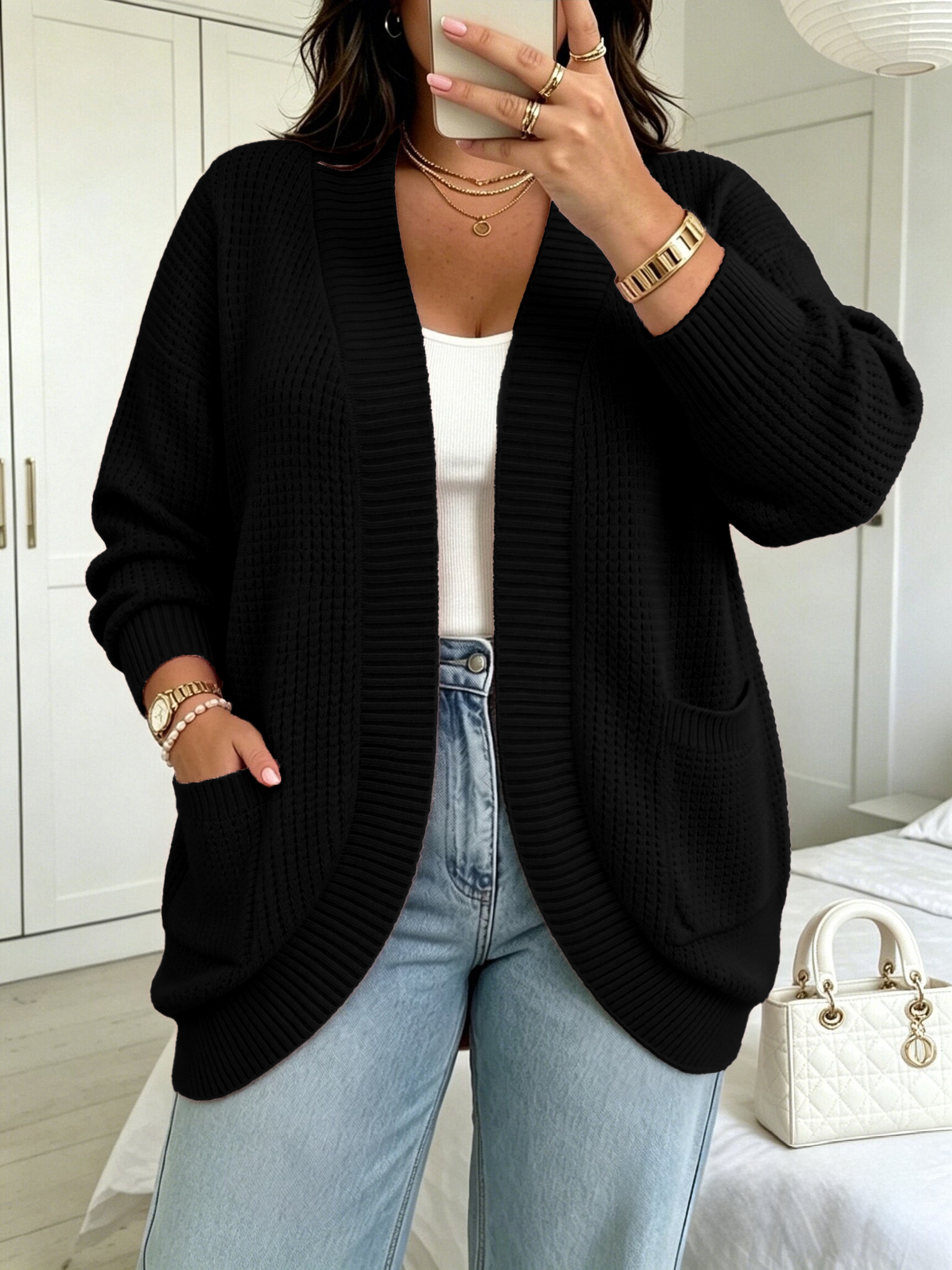 Cardigan ouvert élégant pour femmes, grande taille, pull en maille, vêtement d’extérieur pour l’automne et l’hiver, coupe ample, avec poches, manches longues, idéal pour les vacances et les tenues décontractées.