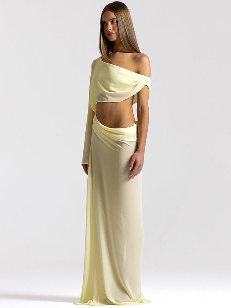 Robe longue maxi Sibybo sexy en mousseline transparente à col asymétrique pour femme, unie, ajourée, drapée, moulante, élégante pour soirée et fête