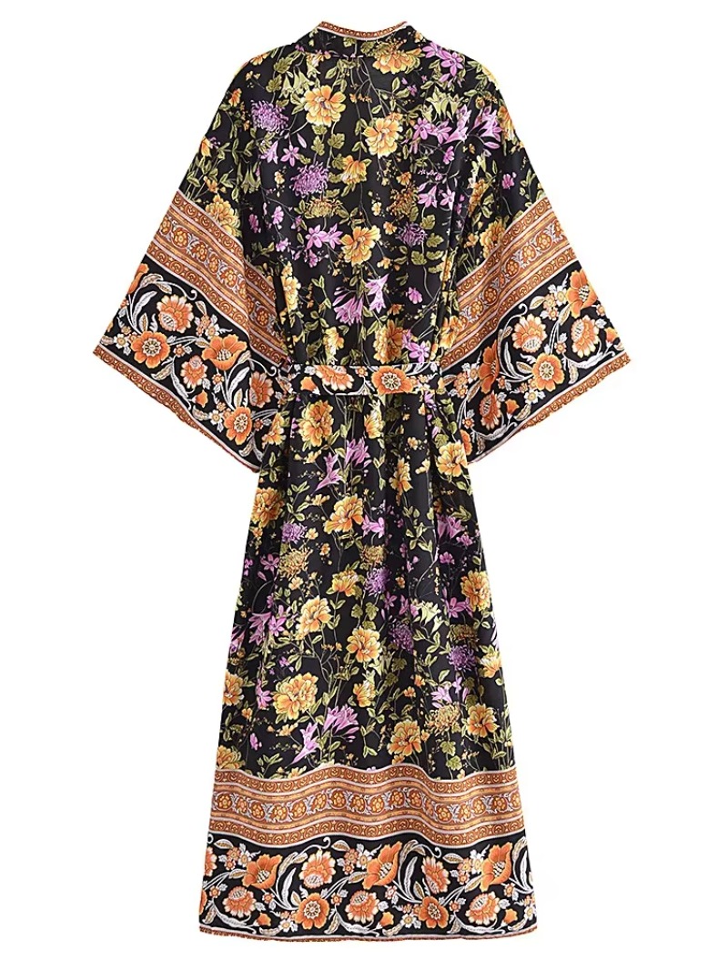 Boho Queens Vintage femmes imprimé fleuri ceintures bohème Kimono dames col en V manches chauve-souris rayonne Maxi Robe couvertures