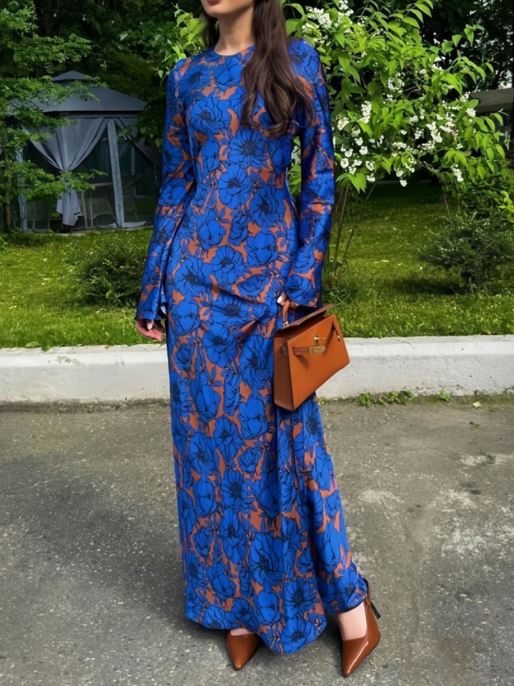 À la mode Vintage imprimé à manches longues col rond robe femmes nouveau 2025 atmosphère élégante robes longues décontracté robes Para Mujer