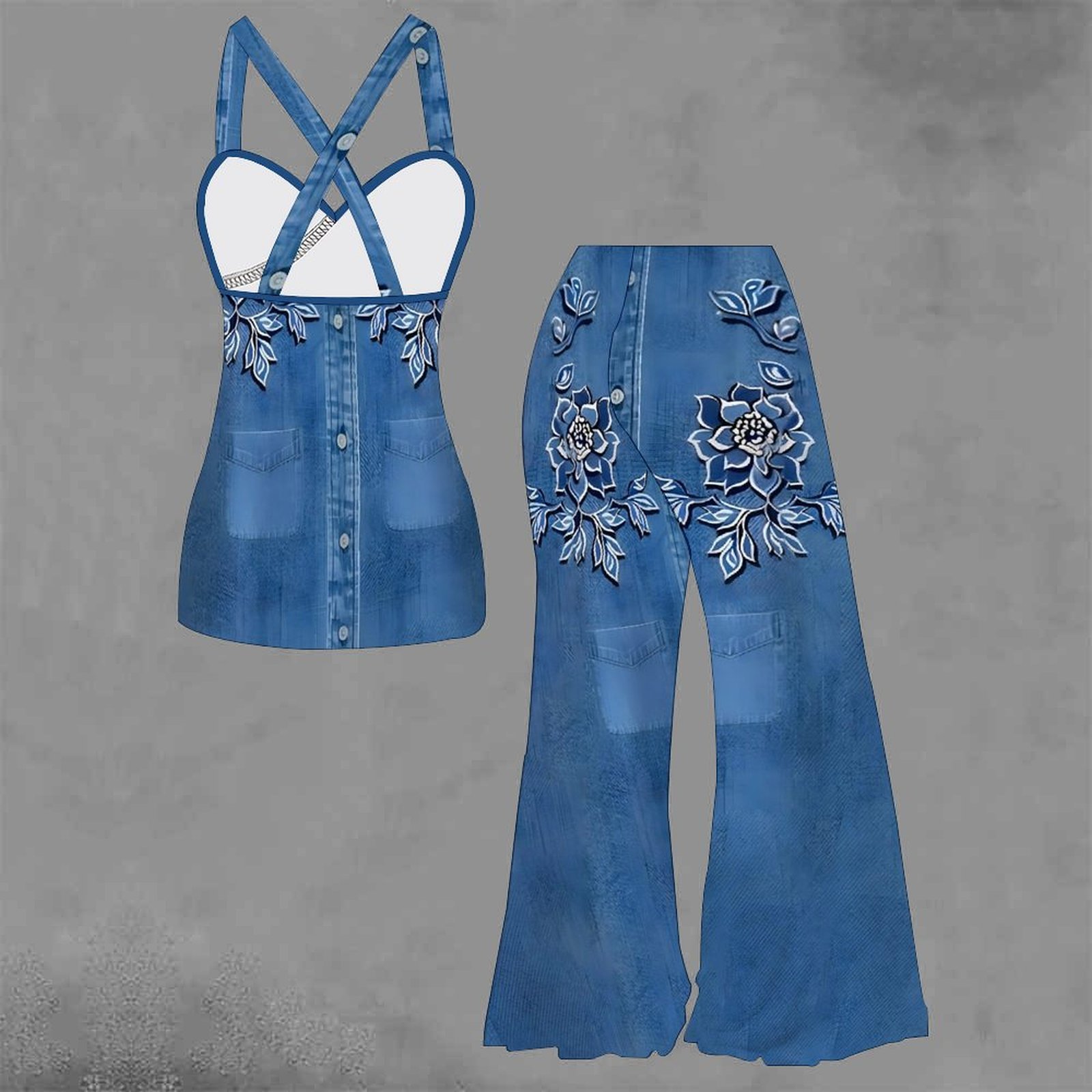 Ensemble élégant pour femme : pantalon évasé, débardeur sexy à col en V sans manches, et gilet imprimé tendance