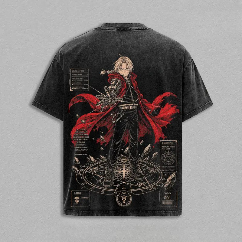 T-shirt Anime Fullmetal Alchemist Edward Elric pour hommes et femmes, en coton lavé, style rétro, surdimensionné, Harajuku