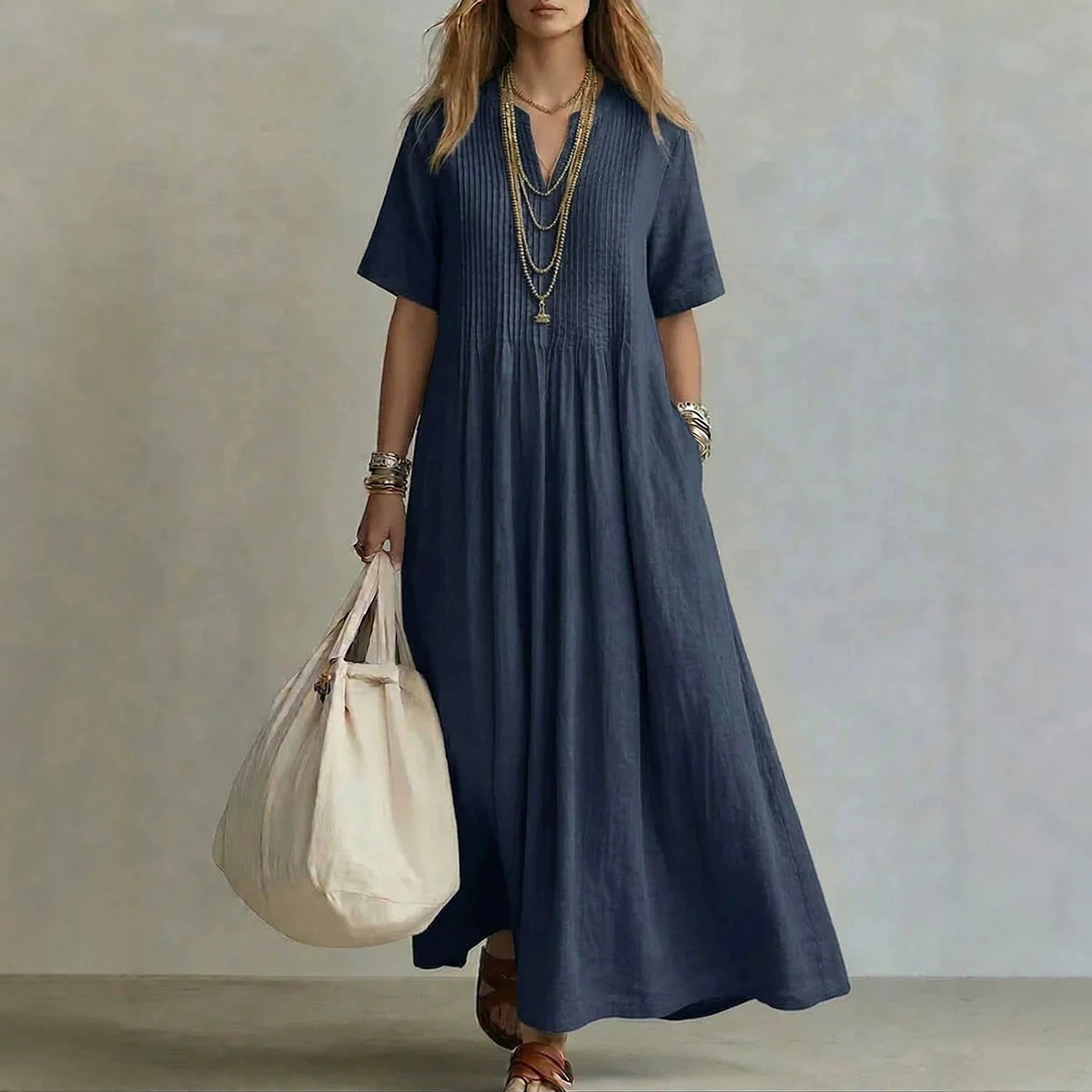 Robes pour femmes 2026 : Nouvelle collection décontractée, ample, col en V, manches courtes, plissée, en coton et lin, longue robe pour femme