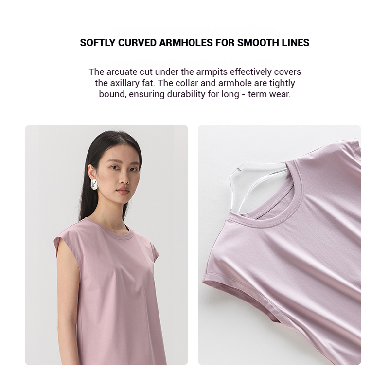 T-shirt sans manches en coton mercerisé 10% soie pour femmes, débardeur, sensation soyeuse, vêtements rafraîchissants d'été, col rond, haut de gamme