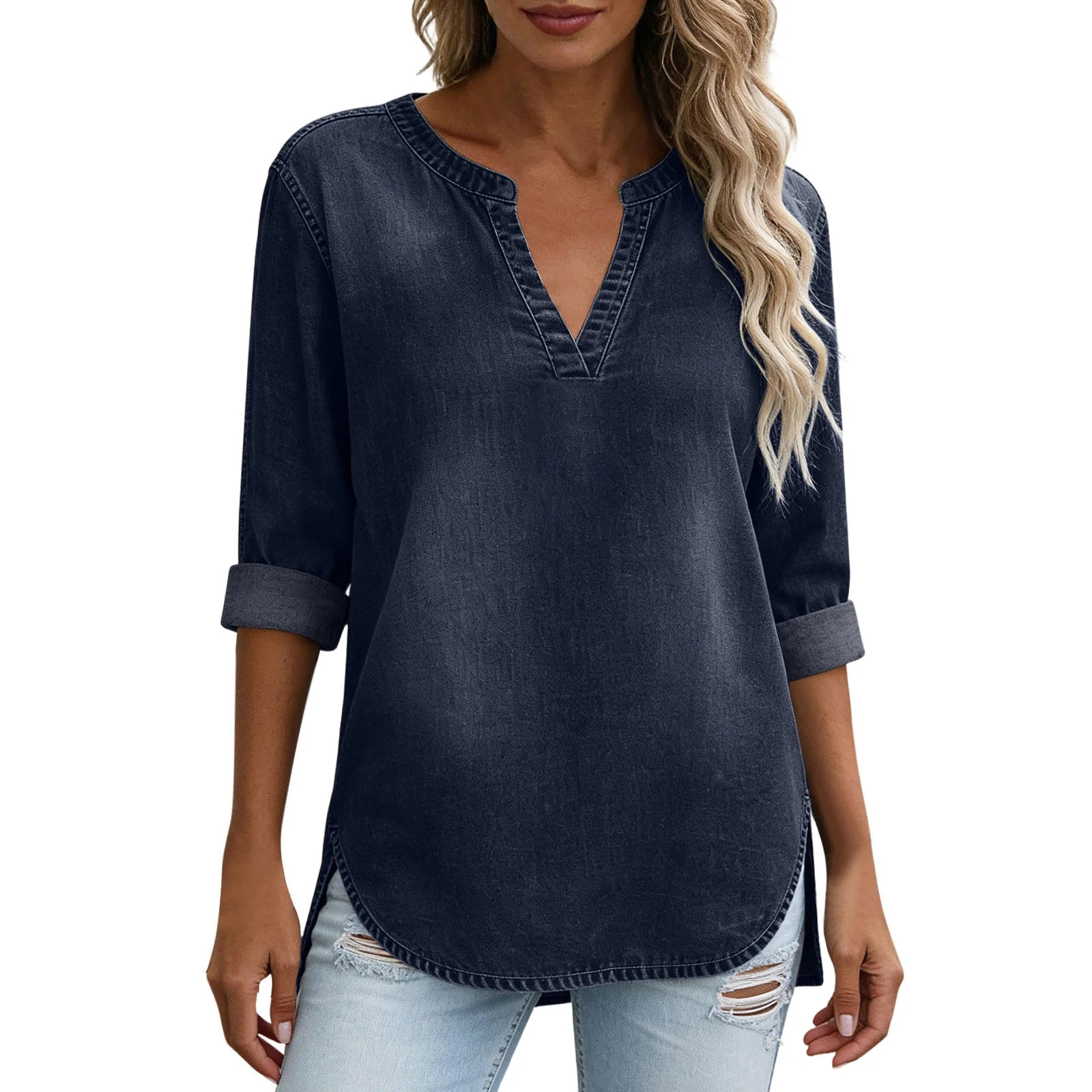 Chemisier en jean tendance pour femme, style vintage délavé, col en V, manches 3/4, hauts décontractés pour le travail, tunique fendue sur le côté, blouses amples pour le bureau