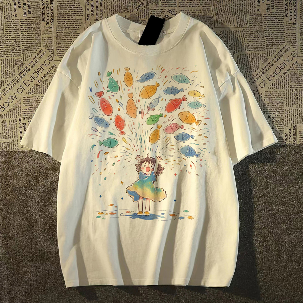 T-Shirt surdimensionné à manches courtes pour hommes/femmes, imprimé de poisson de dessin animé, décontracté, à la mode, pour l'été