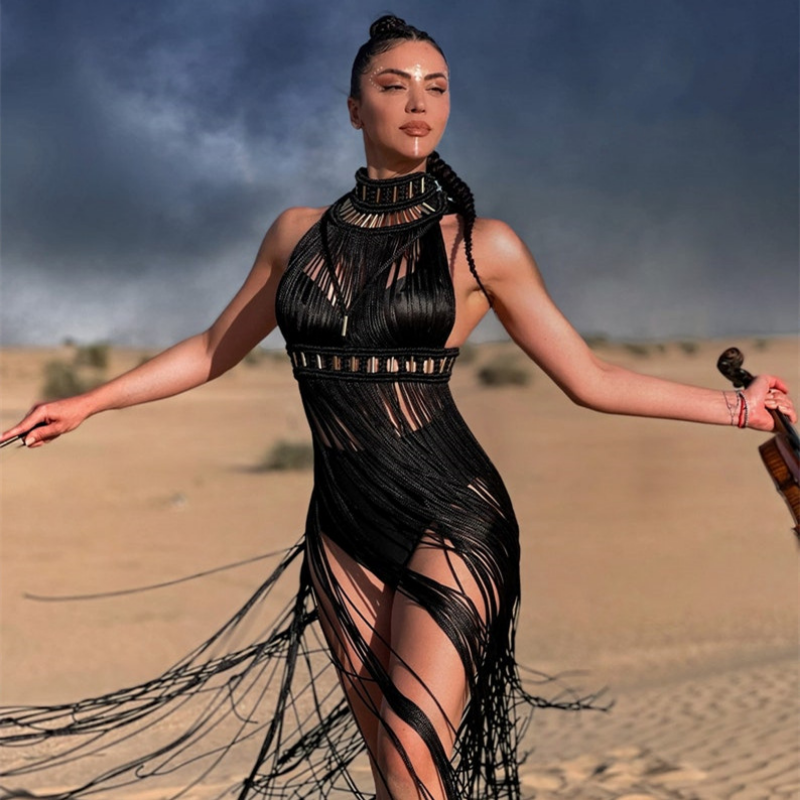 Robe longue bohème au crochet pour femmes, couvertures de plage vintage, col licou à pampilles, robe maxi dos nu, robe éducative, couleurs personnalisées