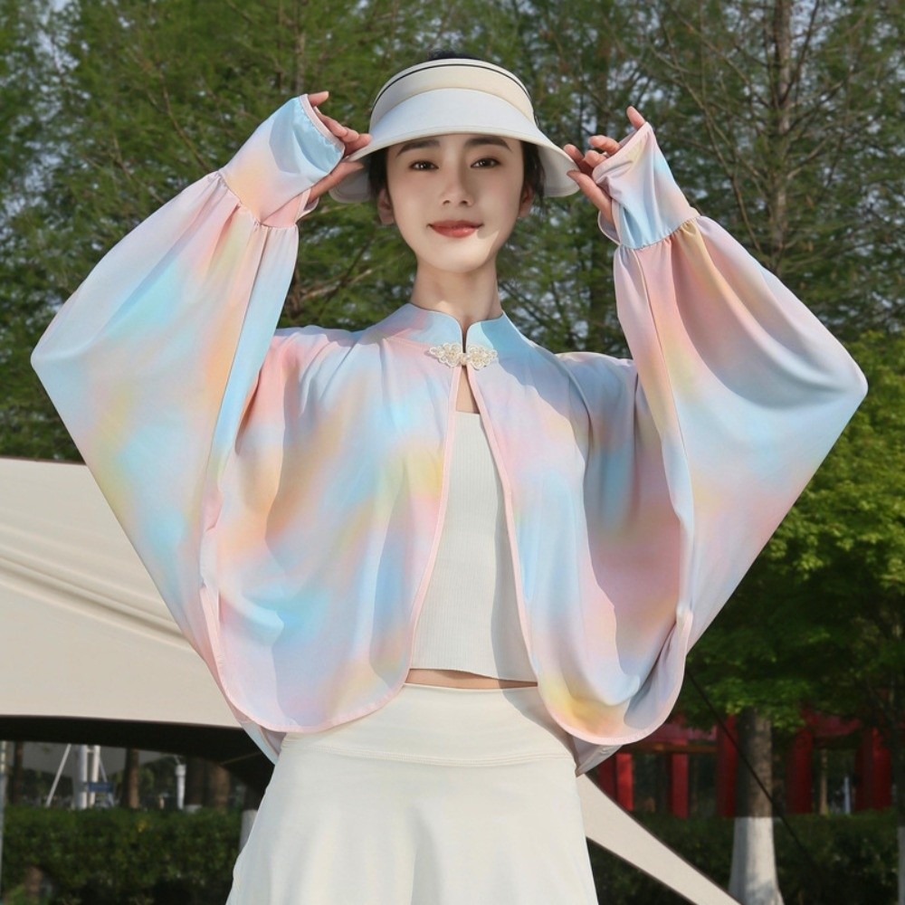 Châle de protection solaire en soie glacée à manches longues, couleur unie, coupe ample, imperméable, tie-dye, protection UV, pour l'été