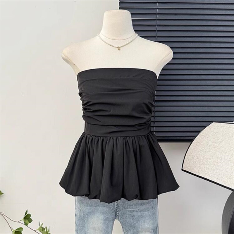 Femmes Camisole sans manches blanc noir gilet débardeurs volants dos nu culture hauts mince Sexy plissé épaules nues vêtements d'été