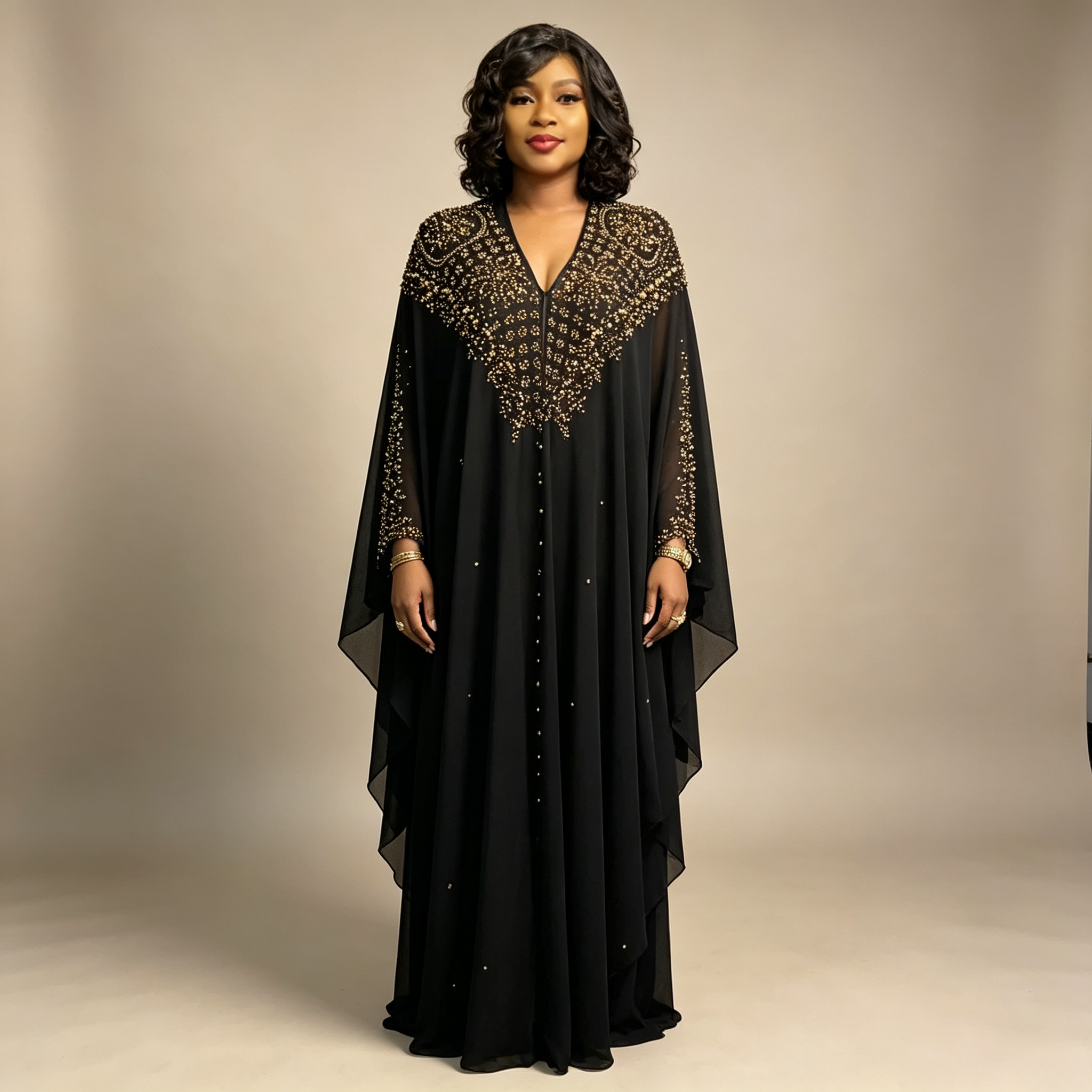 Caftan à capuche pour femmes de style africain, luxueux, orné de strass dorés, en mousseline, robe longue de soirée, de mariage ou de cérémonie.