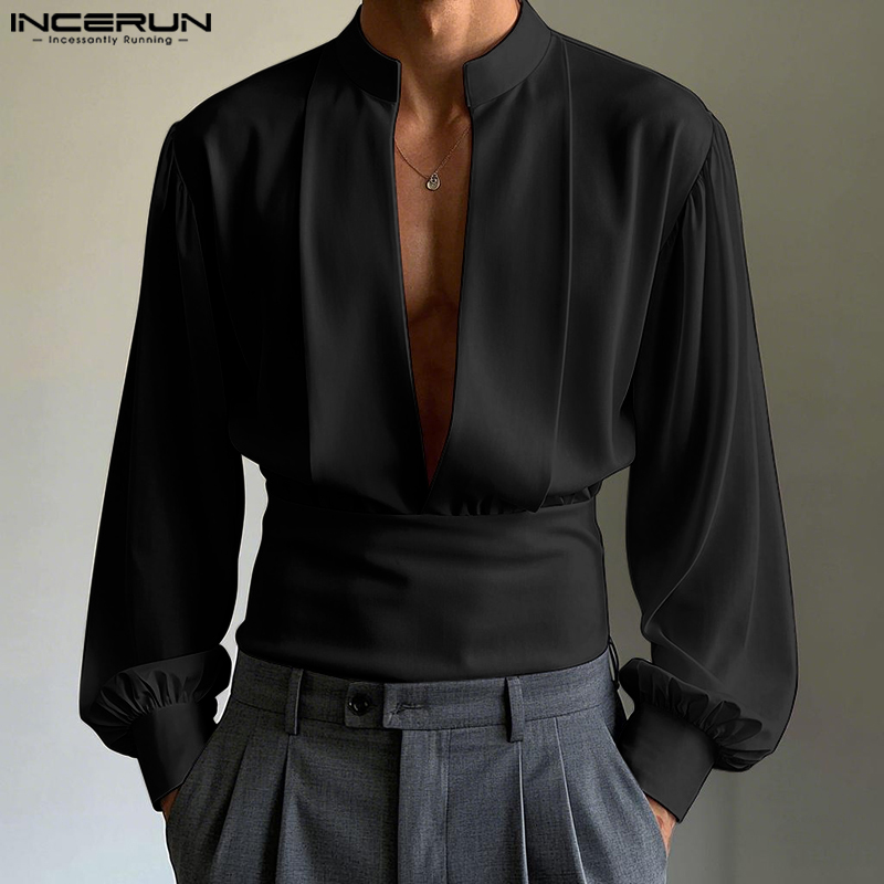 Chemises INCERUN pour hommes – Hauts unis à col en V, style vintage, vêtements de fête, streetwear, chemisiers oversize pour l'été et le printemps
