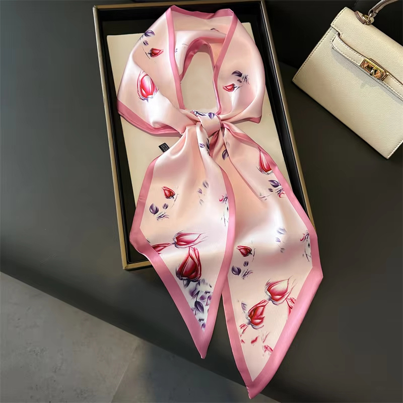 Châle de luxe à motif de fleurs roses pour femmes, longue et étroite, sensation de soie, petit foulard en soie, bandeau Double face, accessoires