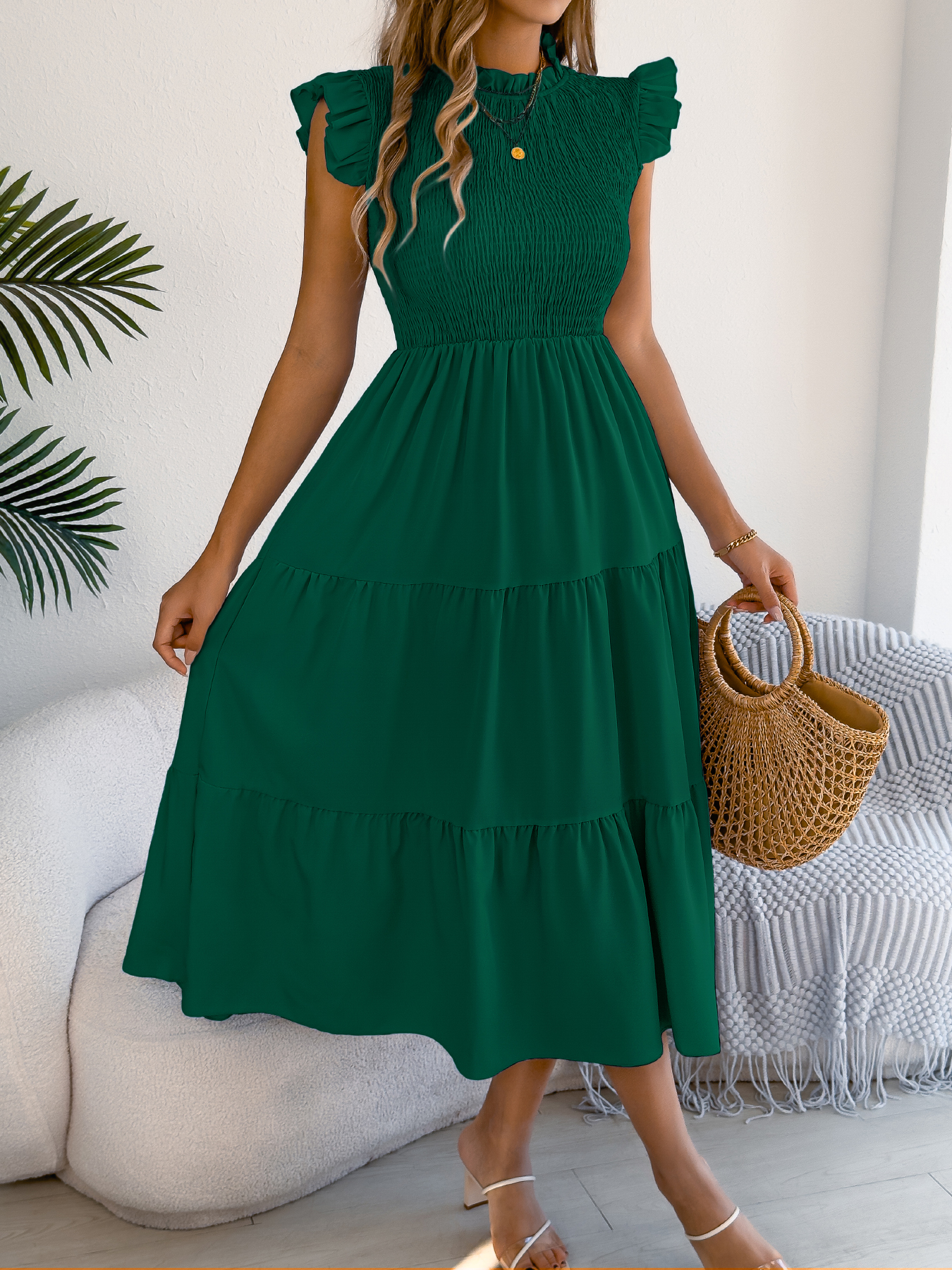 Robes élégantes à volants pour femmes Printemps-Été 2026 – Robe longue décontractée sans manches à col rond de couleur unie pour les vacances – Bleu Vert