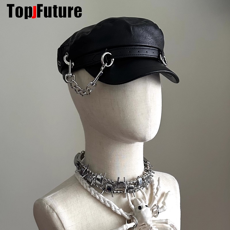Chapeau Unisexe Style Harajuku Gothique Lolita, Béret Designer Punk pour Femmes et Hommes, Casquette Métallique Punk Subculture, Casquette Streetwear