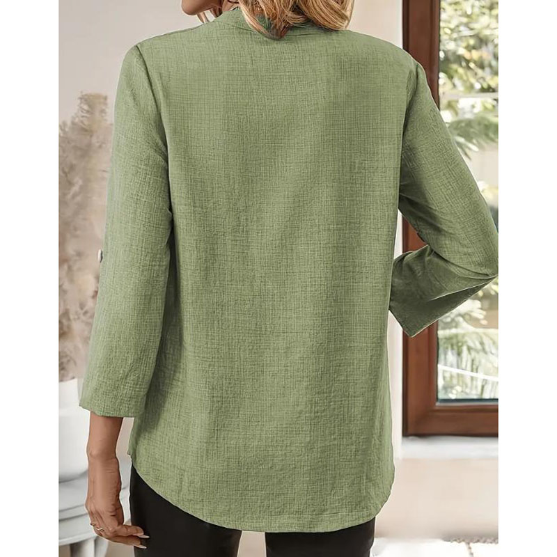 Chemise décontractée ample pour femmes, mode printemps-été, col en V rétro, couleur unie, chemisier élégant pour jeunes femmes