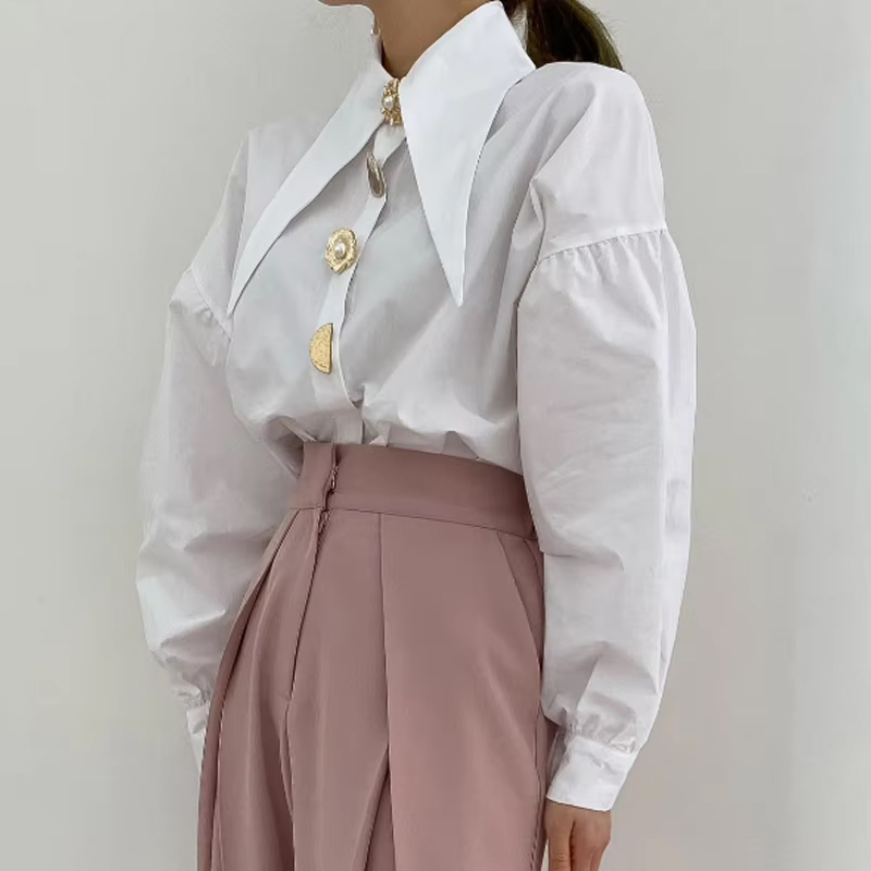 Chemisier ample à col pointu pour femmes, élégant, mode décontractée, chemises à manches longues, col rabattu, hauts, vêtements simples