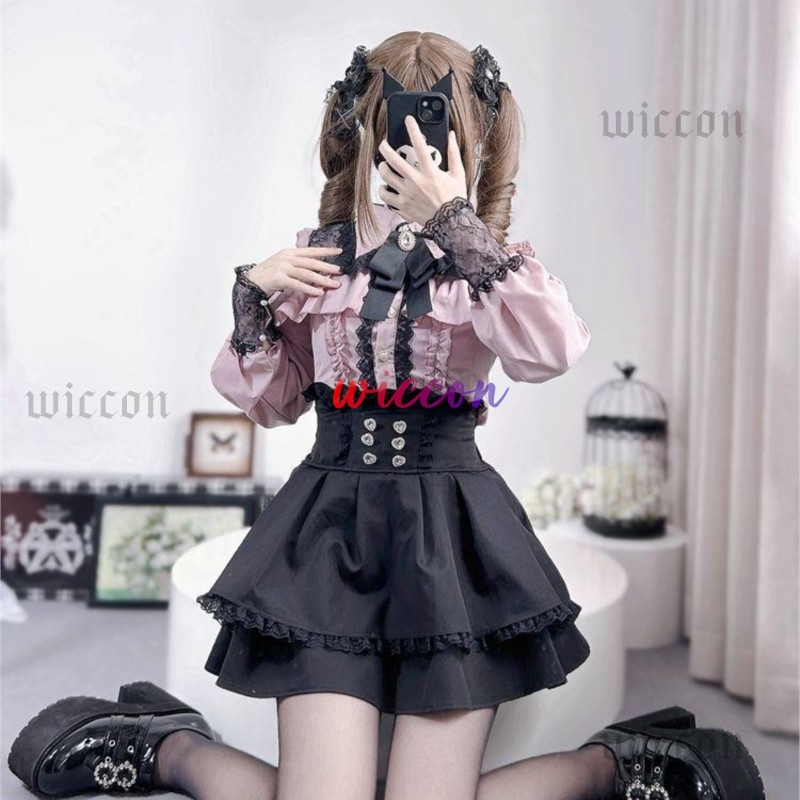 Jirai kei tenue Lolita filles chemise jupe ensemble femmes Kawaii nœud à manches longues Y2K décontracté esthétique chemise Style japonais femmes