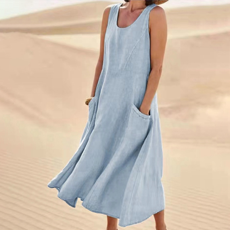 Robe longue décontractée d'été pour femme, style vintage Harajuku, sans manches, coupe trapèze, en coton et lin, couleur unie, col rond, avec poches, coupe ample