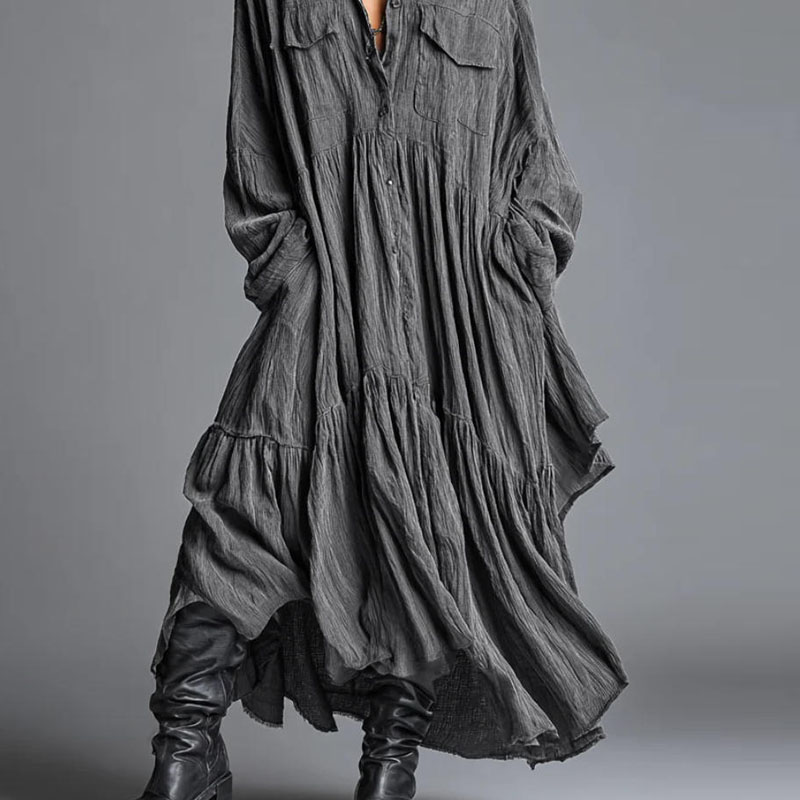 Robes décontractées pour femmes, nouvelle collection vintage, unie, ample, plissée, style bohème, longue, printemps 2026, robe maxi chemise à manches longues et col à revers boutonné