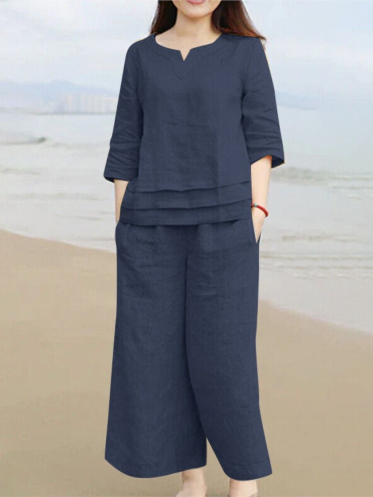 Ensemble pantalon en coton et lin pour femmes, nouveaux Styles décontractés, ample, couleur unie, manchette centrale, poche, ensemble deux pièces, printemps été
