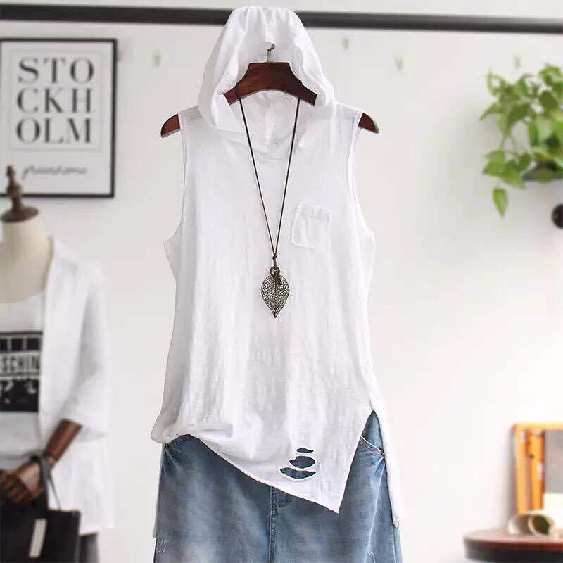 New Loose Hooded Sleeveless High Street Vest Summer Solid Loose Hole All-match Fashion T Shirt Tops Casual Trend Women Clothing