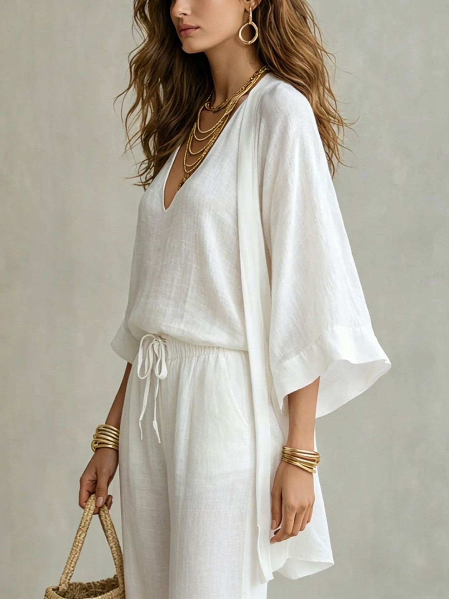 Ensemble 3 pièces pour femme, cardigan kimono, débardeur à col en V, pantalon large, costume léger et ample pour les vacances, les trajets quotidiens