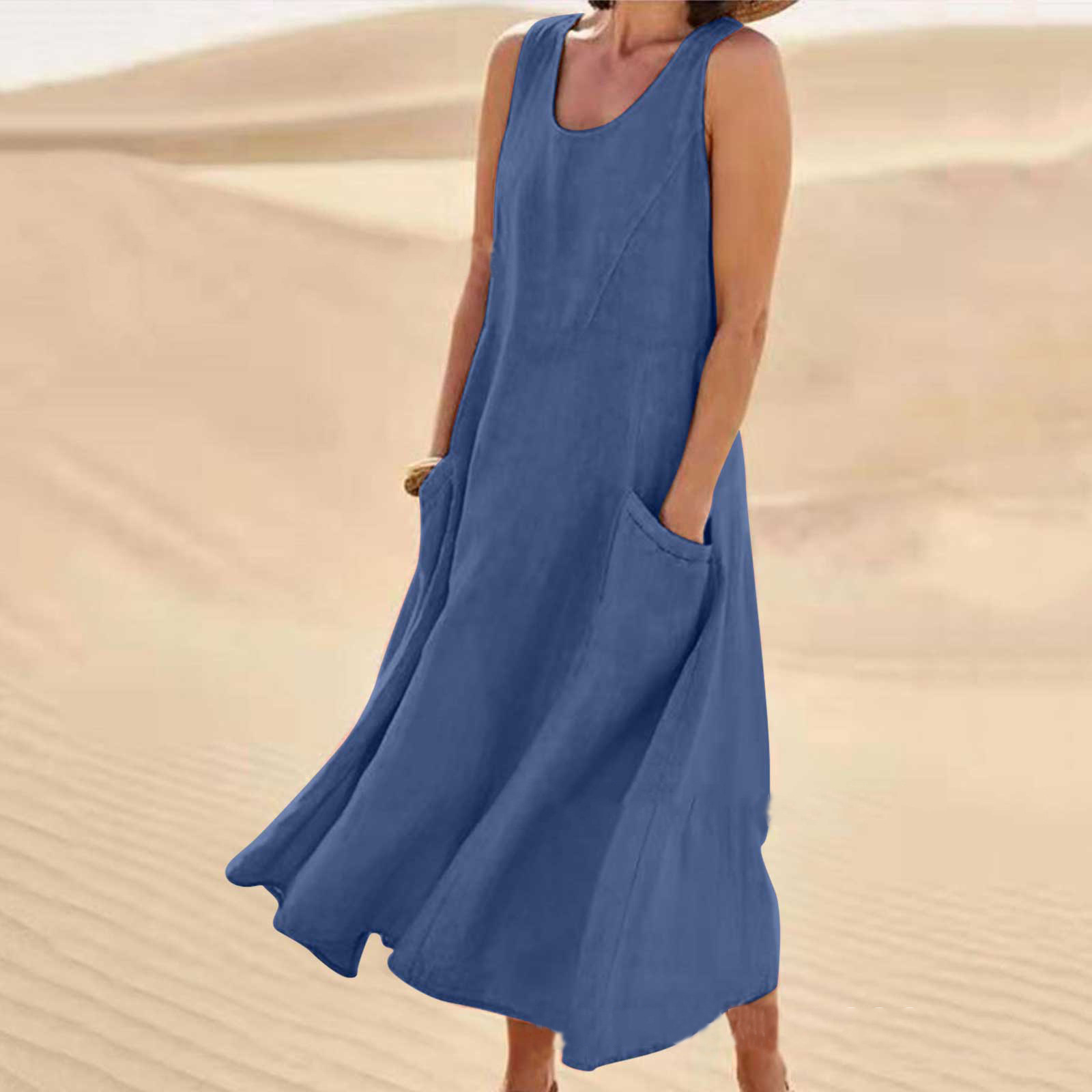 Robe de plage en coton et lin pour femme, 12 couleurs, poche en fibre, col rond, mode simple, jupe mi-longue pour femme